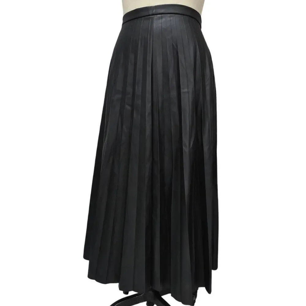 J.Crew Pleated Black Vegan Leather Midi Skirt 14 Long Classic Quiet Luxury